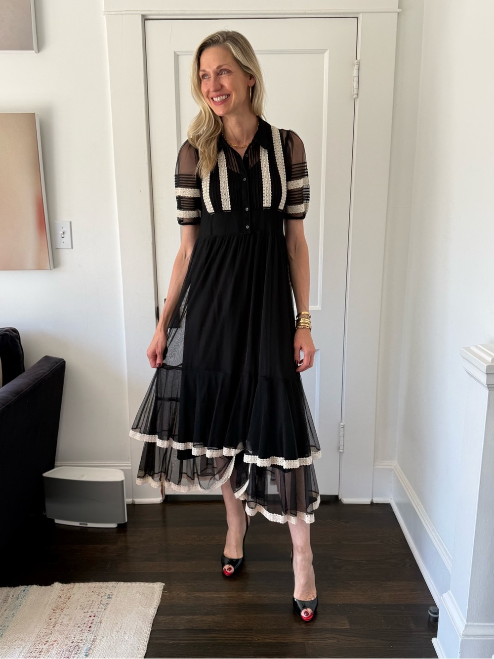 THE GREAT. Black Midi Dress with Cream Trim